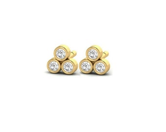 14kt Gold Petite Minimalist 3 Stone Bezel Set 2.5mm Trio Diamond Earrings