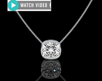 Platinum 1-5 Carat E color VS1 clarity Cushion Cut Upright IGI Certified Bezel Set Solitaire Pendant Necklace with Chain Lab Grown Diamond