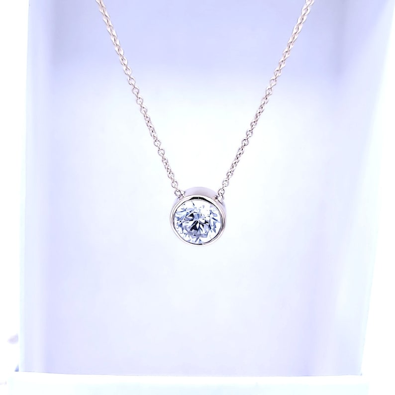 5,6,7 MM Solid Sterling Silver Round Cut Bezel CZ Solitaire Pendant Necklace image 3