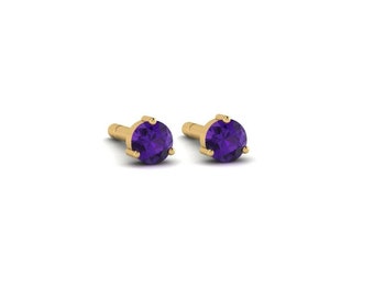 14kt Petite Minimalist Genuine Amethyst 3 Prong 2.5mm Stud Earrings in14kt Gold