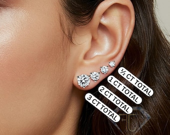 Lab Grown Diamond Stud Earrings | 0.50–5 CT IGI Certified | Martini 3 Prong Setting | 14K Solid Gold in White, Yellow, or Rose | Pushback