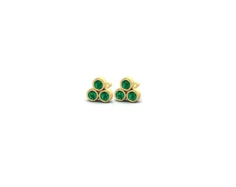 14kt Genuine Green Emerald Trio Earrings, Mini 14kt Gold, Petite 2mm Minimalist, 3 Stone, Bezel Set