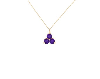 14kt Gold Amethyst Lotus Necklace, 3 Stone Necklace, Trio Necklace, February Birthstone, Minimalist Necklace,