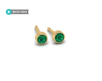 Emerald Studs, Genuine Emerald, Petite Emerald Bezel Set Studs ,Solid 14kt Gold, May Birthstone, Emerald Jewelry, Gift For Her, Dainty,