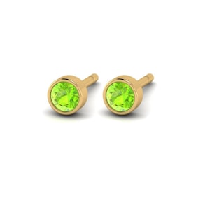 14kt Petite Peridot Bezel Set Studs in 14kt Gold, Earring, Dainty, Tiny, Solid Gold, August Birthstone, Minimalist, Peridot Jewelry,Birthday