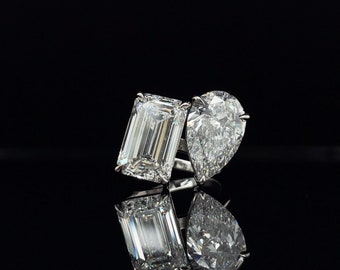 Unique 10-Carat Pear + Emerald Cut IGI Certified E-F/VS+ Two Stone Lab Grown Diamond Solitaire Toi et Moi Ring You & Me Ring Exotic Ring