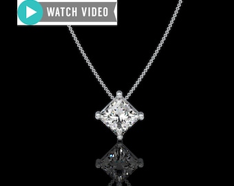 Platinum 1-5 Carat Diamond E color VS1 clarity Princess Cut IGI Certified Prong Set On Bias Pendant Necklace with Chain Lab Grown Diamond