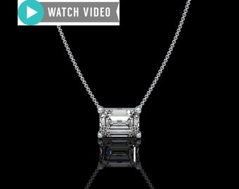Platinum 1-5 Carat E color VS1 clarity  Emerald Cut Sideways IGI Certified Prong Set Solitaire Pendant Necklace with Chain Lab Grown Diamond