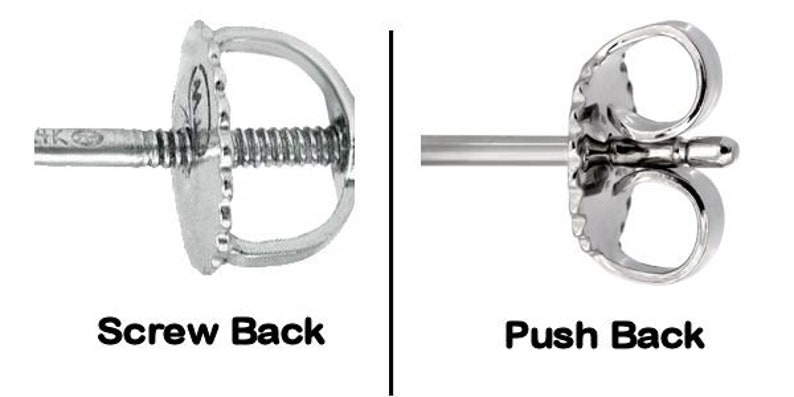 May include: Two earring back styles: a screw back and a push back. Both are silver in color.