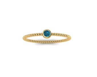 Solo London Blue Topaz Ring, Bezel Set, Beaded Ring, 14kt Gold Ring, December Birthstone, Stack Ring, Gift For Her, Solid Gold Bead Ring
