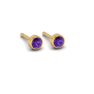 Petite Amethyst Bezel Set Studs in, Solid 14kt Gold, Amethyst Birthstone, Amethyst Jewelry, Dainty Studs, Gift For Her,Handmade, Minimalist