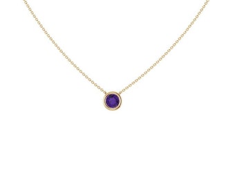 Solid 14kt Gold Petite Minimalist Solitaire Genuine Amethyst Bezel Set Necklace February Birthstone Dainty