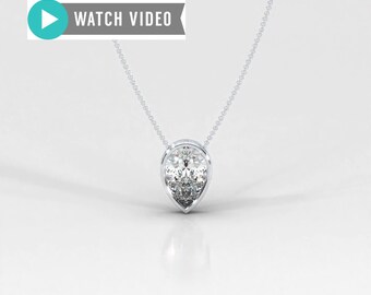 1 Carat E color VS1 clarity Pearshape IGI Certified Bezel Solitare Pendant Facedown Necklace with Chain Lab Grown Diamond