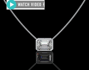 Platinum 1-5 Carat E color VS1 clarity  Emerald Cut Sideways IGI Certified Bezel Set Solitaire Pendant Necklace with Chain Lab Grown Diamond