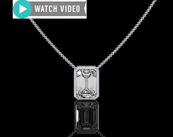 Platinum 1-5 Carat E color VS1 clarity Emerald Cut Upright IGI Certified Bezel Set Solitaire Pendant Necklace with Chain Lab Grown Diamond