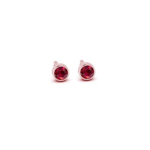 May include: A pair of small, round stud earrings with red gemstones set in a silver tone metal.