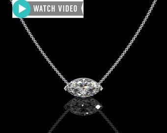 Platinum 1-5 Carat E color VS1 clarity Marquise Sideways IGI Certified V Prong Solitaire Pendant Necklace with Chain Lab Grown Diamond