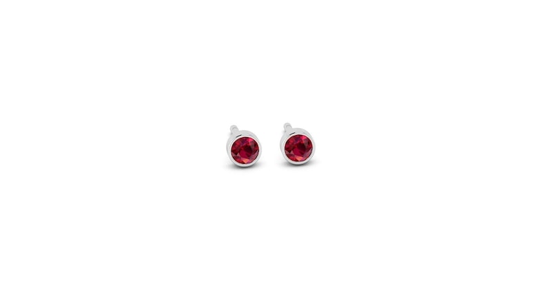 May include: A pair of silver stud earrings with small, round, red gemstones.