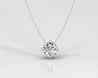 Lab Grown Diamond Bias Solitaire Necklace Pendant/Dainty Diamond Necklace for Women/ 14K White,Yellow,Rose Solid Gold/IGI certified/ 1-5 ct