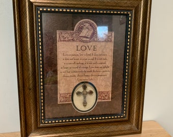 EXPRESSION Of ""LOVE"" Poem*Wall Hang* Wood Frame*Gold Etched Outline*Metal Cross* 13.5"T X 11.5"Apx