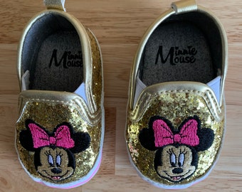 Disney's Minnie Mouse Gold Glitter*White*Pink Stripe*Baby Shoes* Ages 0-6  months*