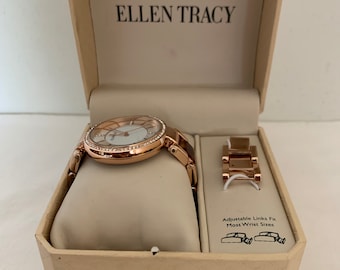 ELLEN TRACY* Gold Tone Watch With Rhinestones Adjustable Band* Links*  Battery Operated*