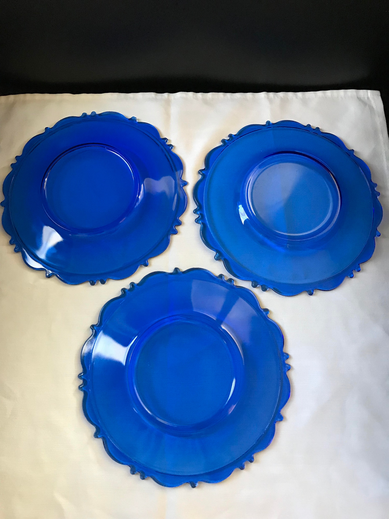 Set of Three 3 Cobalt Blue Glass Plates With Decorative Scalloped Edges