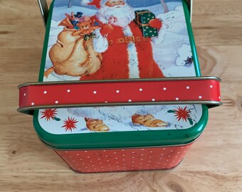 Holiday Decorated Metal Square Double Handle Tin With Lid* 6"W X 4.5"T.