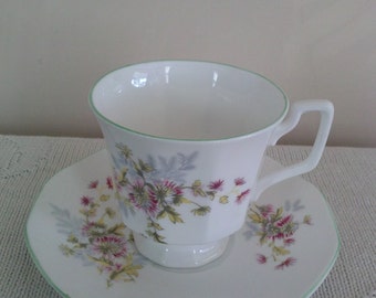 Royal Heriage Bone China Tea Cup & Saucer White With Delicate Pink Flowers With Green Rim.* Engand