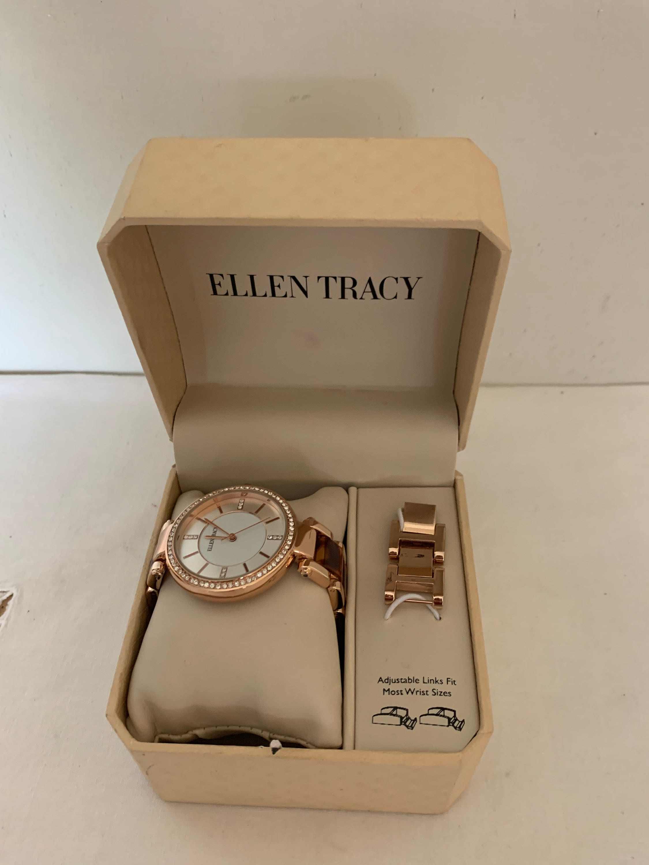 ELLEN TRACY* Gold Tone Watch With Rhinestones & Adjustable Band* Links*  Battery Operated*