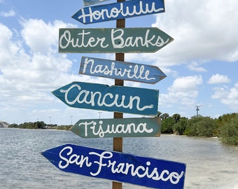 Oceanic Blue Rustic Custom Wood Signs , Signpost , Directional Sign Post,  Signs for Bar , Wooden Arrow Sign, Directional Signs Blue & Green