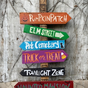 Decorazioni per la casa di Halloween Decorazioni di Halloween / Decorazioni Tiki / Segnaletica direzionale / Segnaletica in legno autunnale / Segnaletica personalizzata della città di Halloween / Patch di zucca