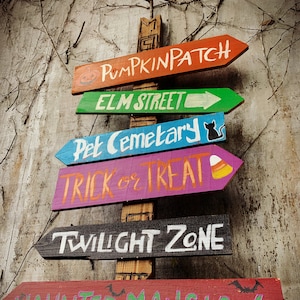 Decorazioni di Halloween / Decorazioni Tiki / Segnaletica direzionale / Segnali in legno autunnali / Decorazioni per la città di Halloween / Segnali personalizzati per esterni / Segnaletica con toppa di zucca