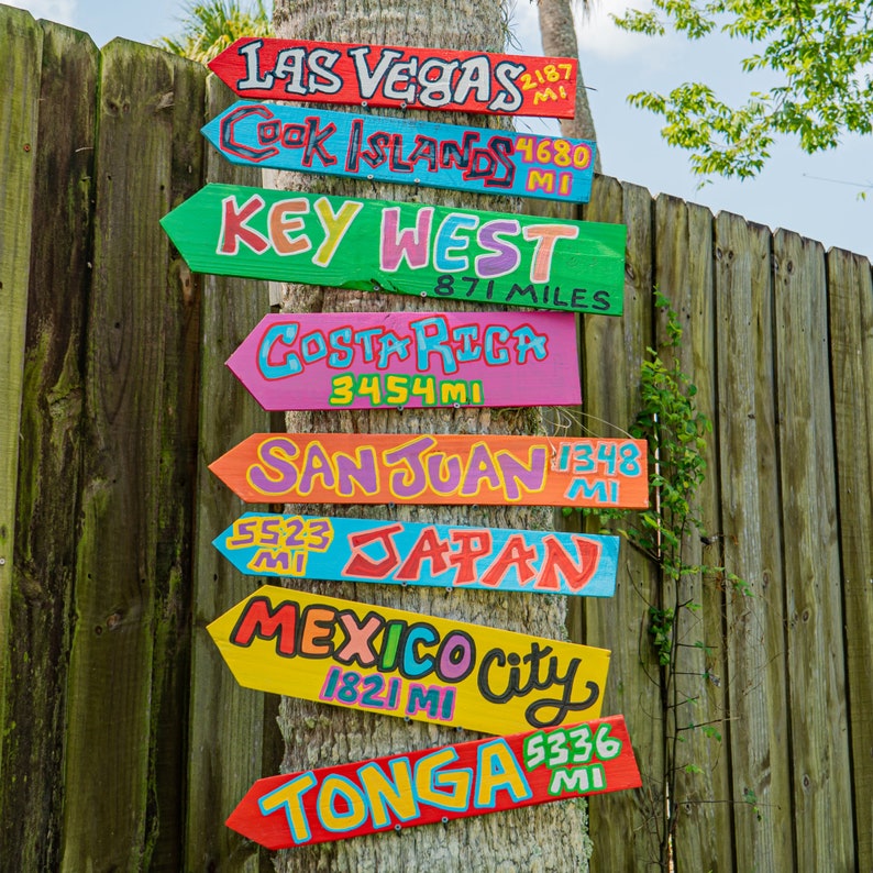 Pu&ograve; includere: Un tronco d'albero di legno con frecce di legno colorate che puntano in direzioni diverse. Ogni freccia ha una destinazione scritta su di essa, tra cui Las Vegas, Isole Cook, Key West, Costa Rica, San Juan, Giappone, Citt&agrave; del Messico e Tonga. Le distanze sono elencate in miglia.