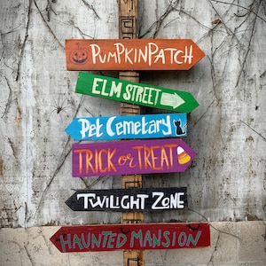 October Themed Spooky Tiki Directional Destination Fall Wood Signs. Happy Halloween . Haunted Mansion . Pumpkin Patch