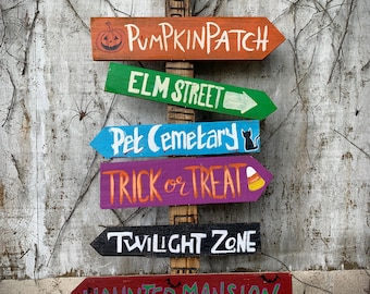 October Themed Spooky Tiki Directional Destination Fall Wood Signs. Happy Halloween . Haunted Mansion . Pumpkin Patch