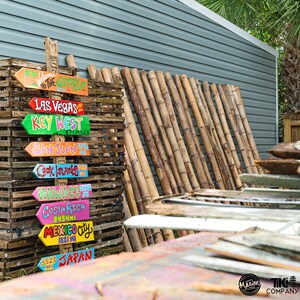 Pu&ograve; includere: Un cartello di legno con frecce colorate che puntano in direzioni diverse. Ogni freccia ha una destinazione scritta su di essa, come "Las Vegas", "Key West" e "Giappone". Il cartello &egrave; fatto di legno invecchiato e ha un aspetto rustico. Le frecce sono dipinte in colori vivaci e hanno un aspetto fantasioso.