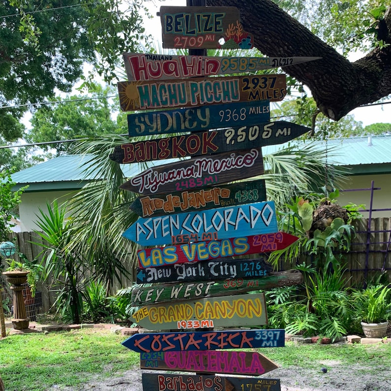 Pu&ograve; includere: Una pila di cartelli in legno colorati con frecce dipinte che puntano in direzioni diverse. Ogni cartello elenca una citt&agrave; o un paese con la distanza in miglia. I cartelli includono Belize, Hua Hin, Machu Picchu, Sydney, Bangkok, Tijuana Messico, Rio de Janeiro, Aspen Colorado, Las Vegas, New York City, Key West, il Grand Canyon, Costa Rica, Guatemala e Barbados.
