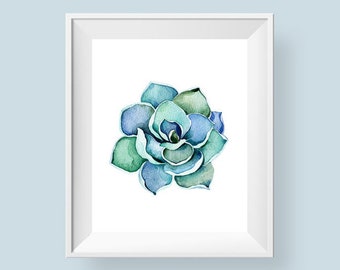 Succulent Print, Watercolor Cactus Printable Wall Art, Cacti Blue Green Art 5x7 8x8 8x10 11x14 Bathroom Wall Decor Instant Digital Download