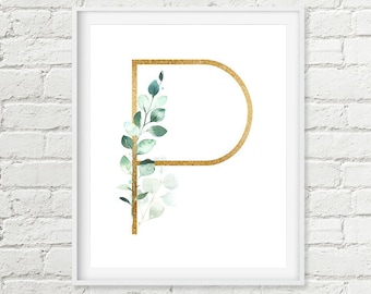 Eucalyptus Leaf Monogram Printable Wall Art, Gold Glitter Letters Initials Custom Housewarming Gift Watercolor 5x7 8x10 10x10 A4 Digital