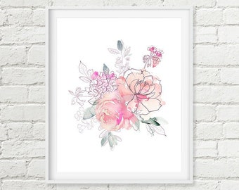 Rose Floral Printable Wall Art, Blush Pink Flowers Sketched Leaves Girls Room Decor, Soft Floral Nursery Decor 8x10 11x14 A4 A3 Download