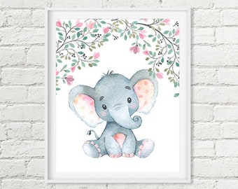 Baby Elephant with Flowers Printable Nursery Art, Girls Delicate Floral Blush Pink Green Room Decor 8x10 8x8 Instant Download