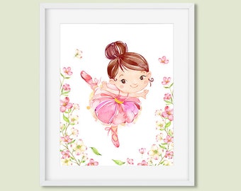 Ballerina Printable Art, Brown Hair Ballet Dancer Flowers Print, Girls Pink Floral Watercolor Room Decor 8x10 Instant Digital Download