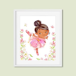 Ballerina Printable Art, Ballet Dancer Dark Skin & Hair Ballerina Print Girls Pink Floral Watercolor Room Decor 8x10 Digital Download