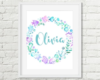 Custom Name Seashore Wreath Mermaid Printable Wall Art, Girls Aqua Purple Watercolor Room Decor 8x10 to 16x20 Bathroom Art Digital Download