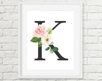 Blush Pink Floral Custom Monogram Print, Soft Black Letter Nursery Initial Printable Wall Art, Housewarming Gift 5x7 8x10 11x14 A5 A4 A5