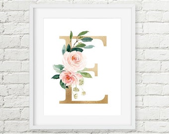 Flower Letter Wall Art, Custom Monogram Printable Art, Blush Pink Floral Gold Letter Baby Girl Nursery Art, Housewarming Gift