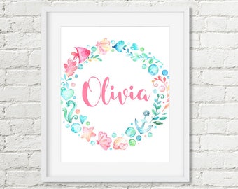 Seashore Wreath Custom Name Print, Mermaid Printable Wall Art, Girls Aqua Pink Watercolor Room Decor Bathroom Art