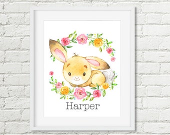 Personalized Bunny Printable Art, Girls Custom Name Woodland Nursery Decor Watercolor Floral Rabbit Wall Art 8x10 Print