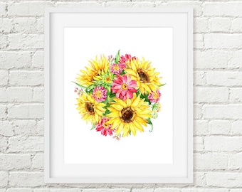 Sunflower Printable Art, Vibrant Yellow & Pink Floral Bouquet Girls Print, Sunny Nursery Decor Instant Download